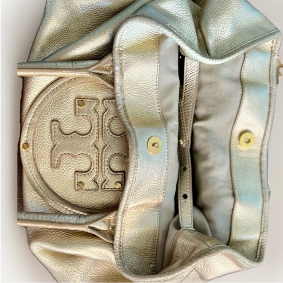 Tory Burch Pebbled Leather Gold Tote Shoulder Bag w/ Logo & 3 Pockets & Mirror - Picture 8 of 12
